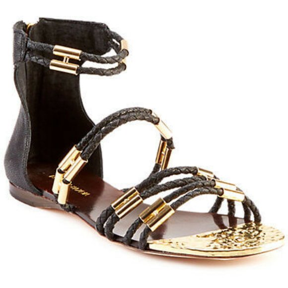 NEW BCBGMaxAzria Royale Black Gold Leather Sandals - Picture 1 of 9